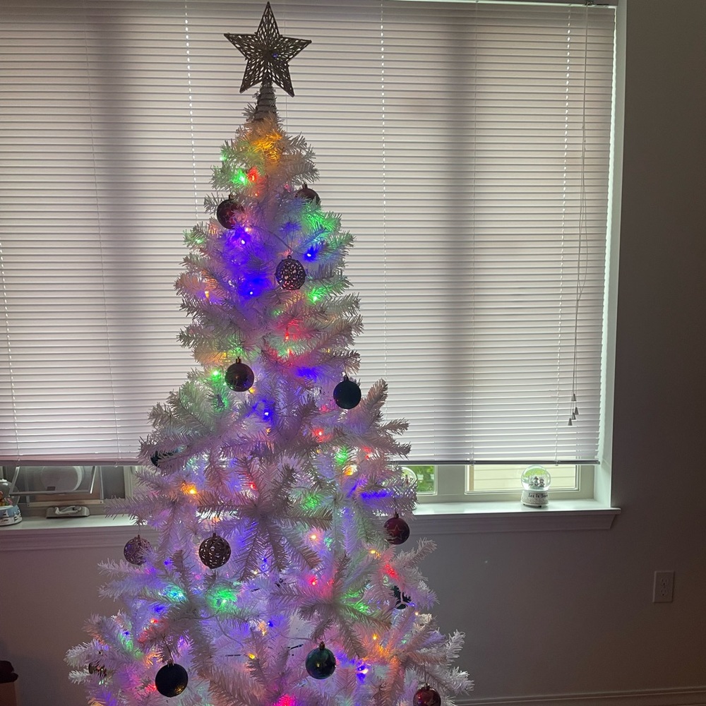 6ft white christmas tree bundle; includes tree, ornaments, string lights, star
